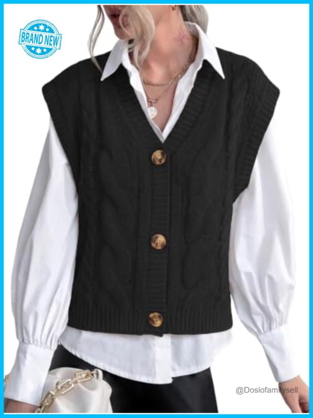 Sleeveless Button Down V Neck Cable Knit Sweater Vest